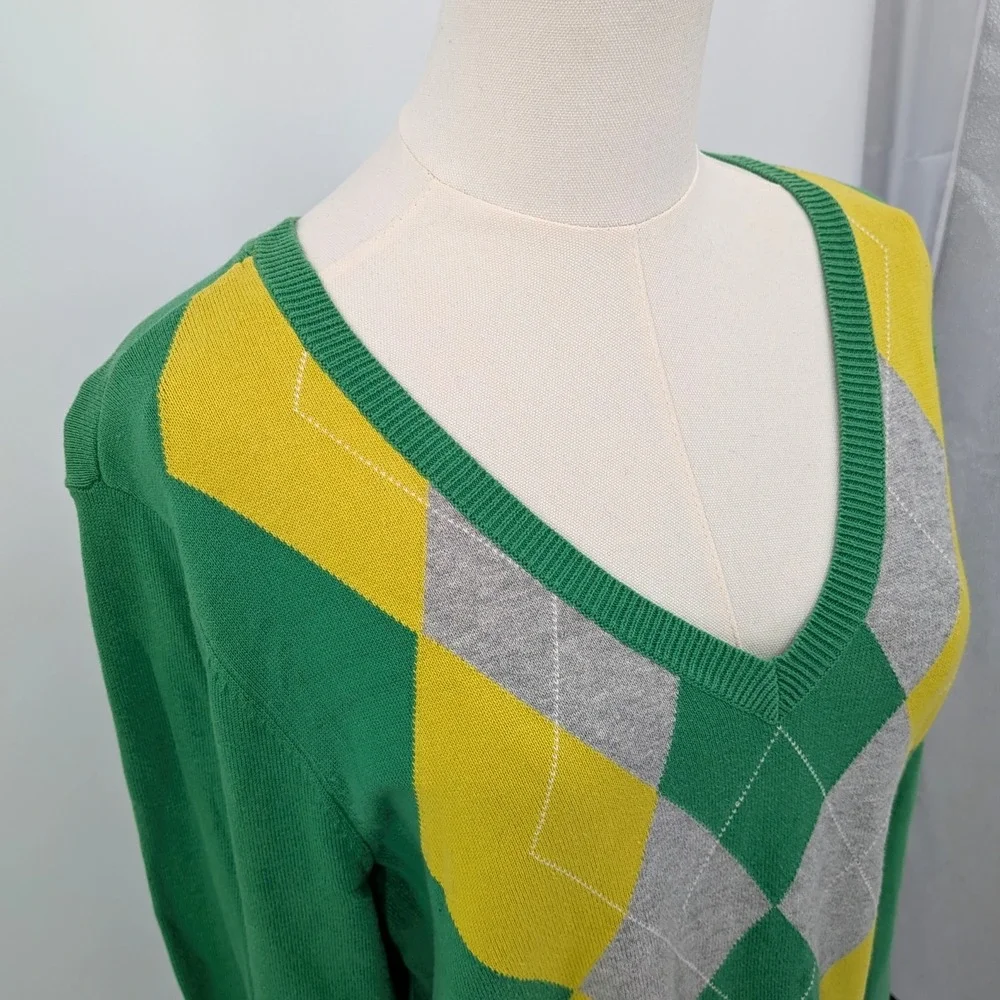 Izod Argyle‎ V-Neck Sweater Women's L Green Yellow Gray Preppy Retro Golfcore - Picture 4 of 9